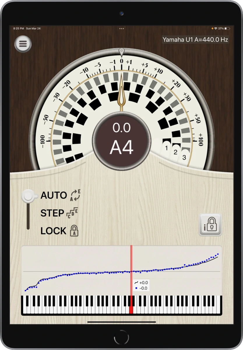 PianoMeter piano tuning app main screen on an Apple iPad Air